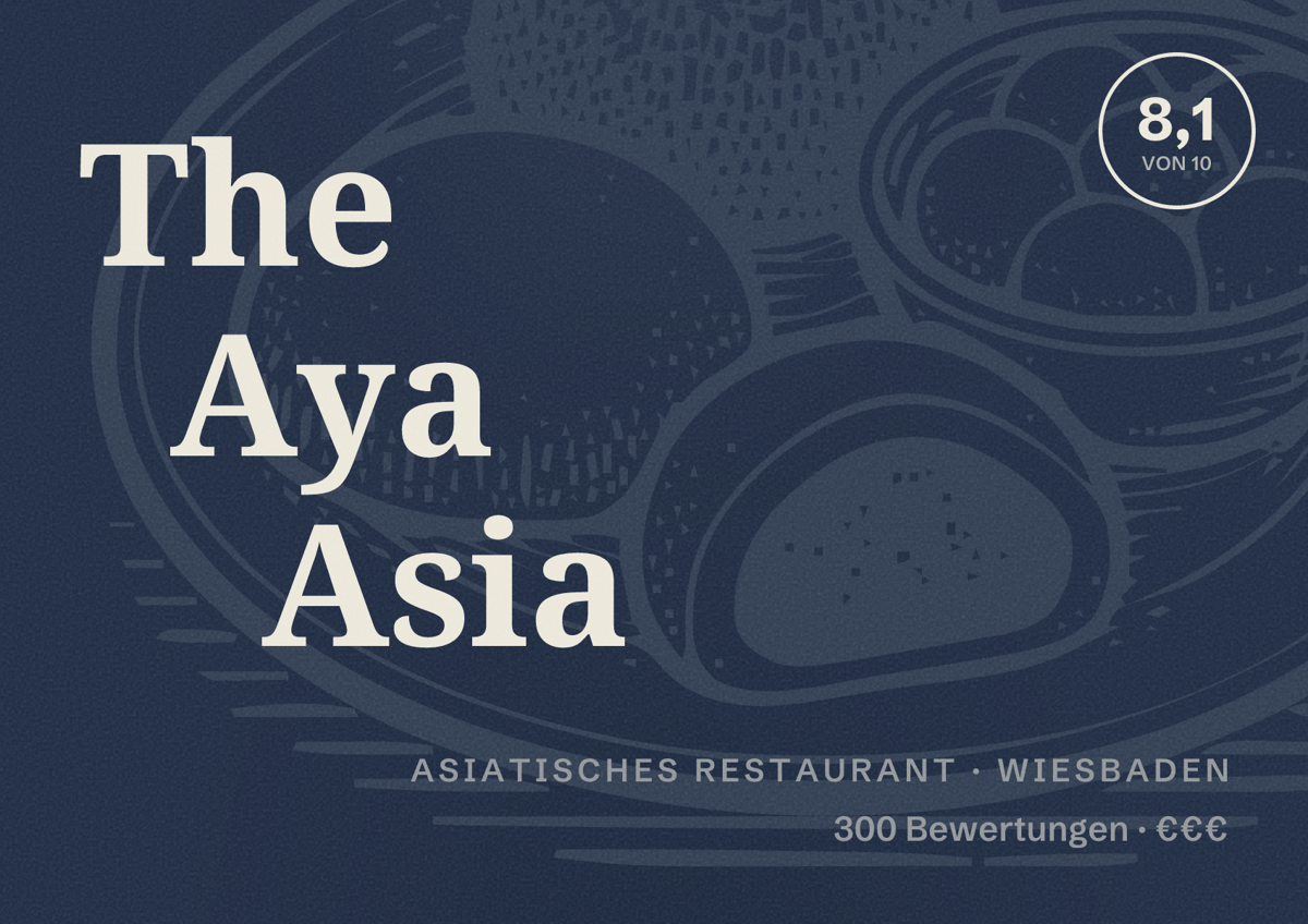Illustriertes Poster von The Aya Asia, Asiatisches Restaurant in Wiesbaden: Bewertung 8,1 von 10 aus 300 Bewertungen, Preisniveau €€€