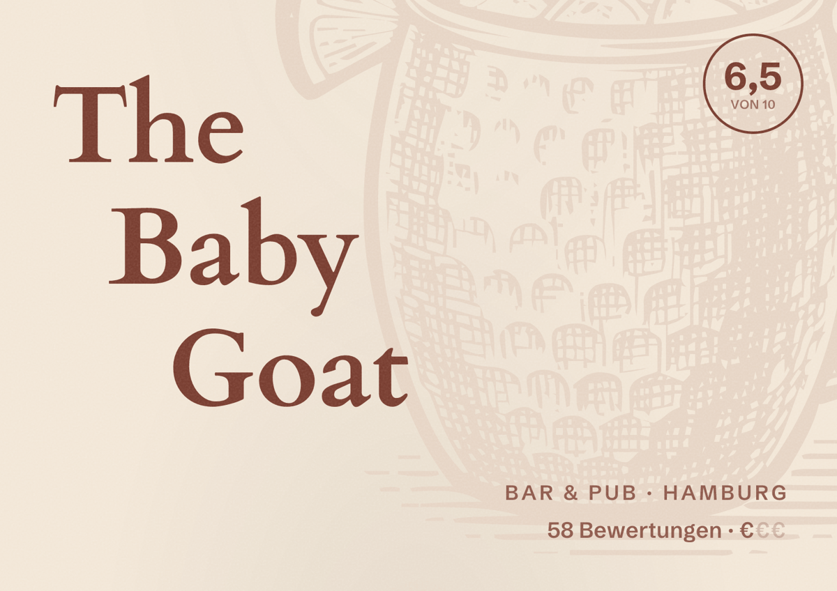 Illustriertes Poster von The Baby Goat, Bar & Pub in Hamburg: Bewertung 6,5 von 10 aus 58 Bewertungen, Preisniveau €