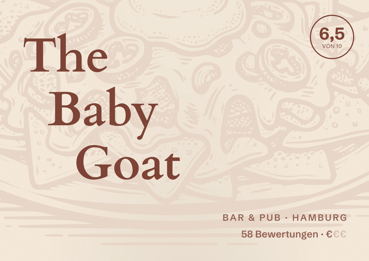 Illustriertes Poster von The Baby Goat, Bar & Pub in Hamburg: Bewertung 6,5 von 10 aus 58 Bewertungen, Preisniveau €