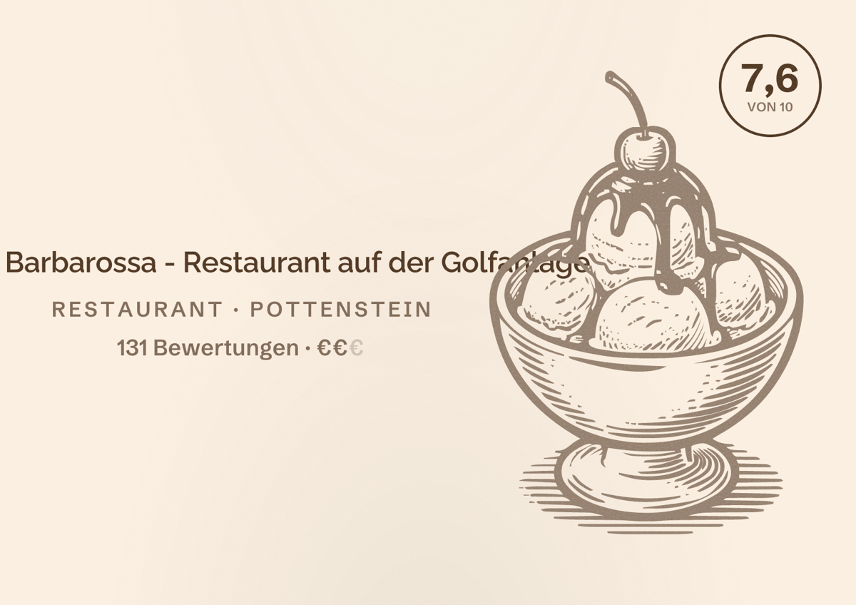 Illustriertes Poster von The Barbarossa - Restaurant auf der Golfanlage, Restaurant in Pottenstein: Bewertung 7,6 von 10 aus 131 Bewertungen, Preisniveau €€