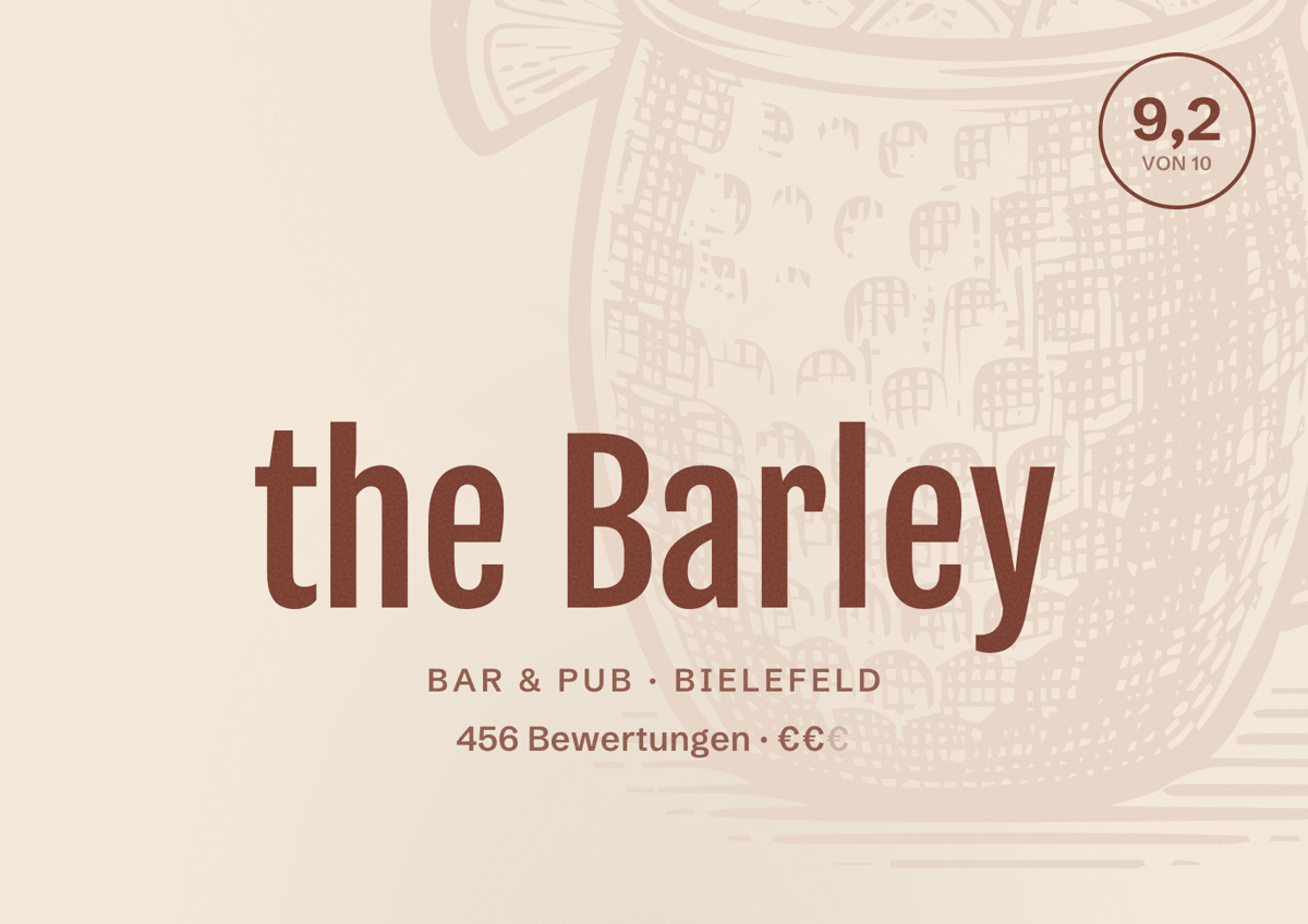 Illustriertes Poster von the Barley, Bar & Pub in Bielefeld: Gästebewertung 9,2 von 10 aus 456 Bewertungen