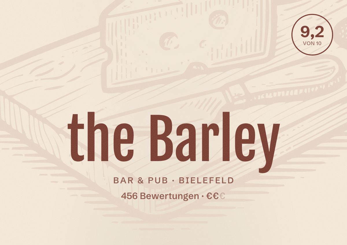 Illustriertes Poster von the Barley, Bar & Pub in Bielefeld: Bewertung 9,2 von 10 aus 456 Bewertungen, Preisniveau €€