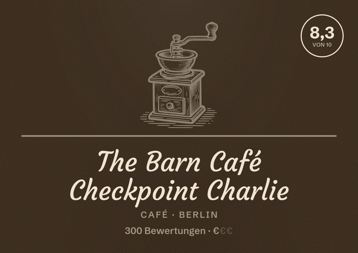 Illustriertes Poster von The Barn Café Checkpoint Charlie, Café in Berlin: Bewertung 8,3 von 10 aus 300 Bewertungen, Preisniveau €