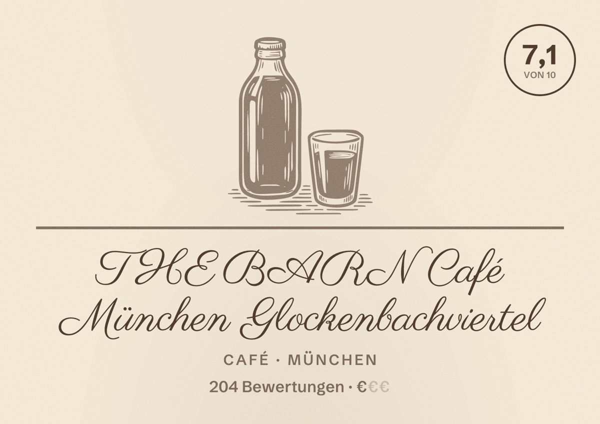 Illustriertes Poster von THE BARN Café München Glockenbachviertel, Café in München: Bewertung 7,1 von 10 aus 204 Bewertungen, Preisniveau €