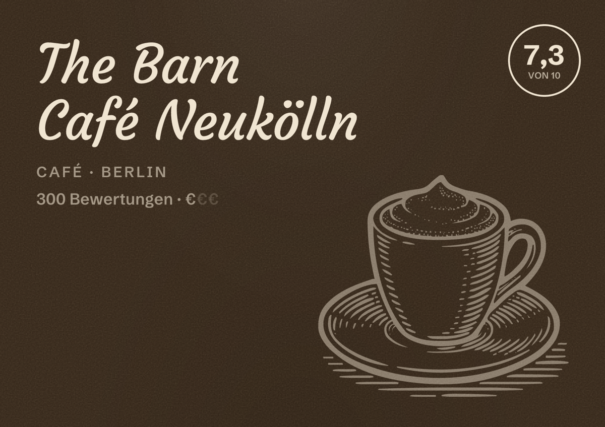 Illustriertes Poster von The Barn Café Neukölln, Café in Berlin: Bewertung 7,3 von 10 aus 300 Bewertungen, Preisniveau €
