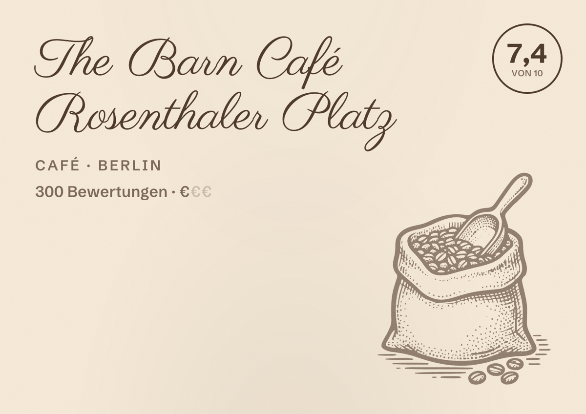 Illustriertes Poster von The Barn Café Rosenthaler Platz, Café in Berlin: Bewertung 7,4 von 10 aus 300 Bewertungen, Preisniveau €