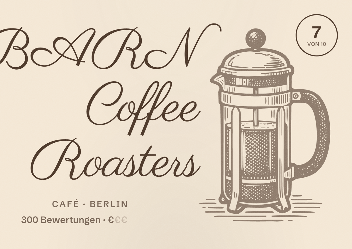 Illustriertes Poster von THE BARN Coffee Roasters, Café in Berlin: Bewertung 7,0 von 10 aus 300 Bewertungen, Preisniveau €