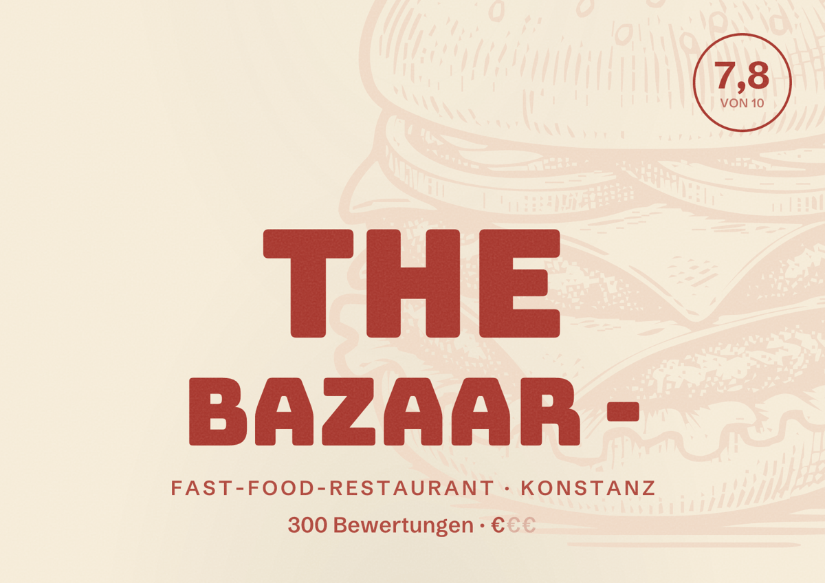 Illustriertes Poster von the bazaar -, Fast-Food-Restaurant in Konstanz: Bewertung 7,8 von 10 aus 300 Bewertungen, Preisniveau €