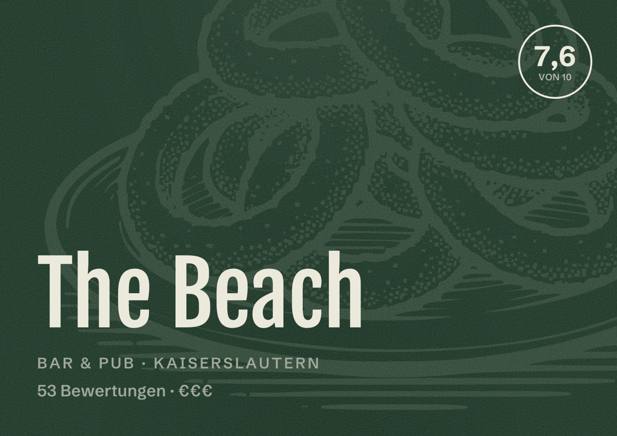 Illustriertes Poster von The Beach, Bar & Pub in Kaiserslautern: Bewertung 7,6 von 10 aus 53 Bewertungen, Preisniveau €€€