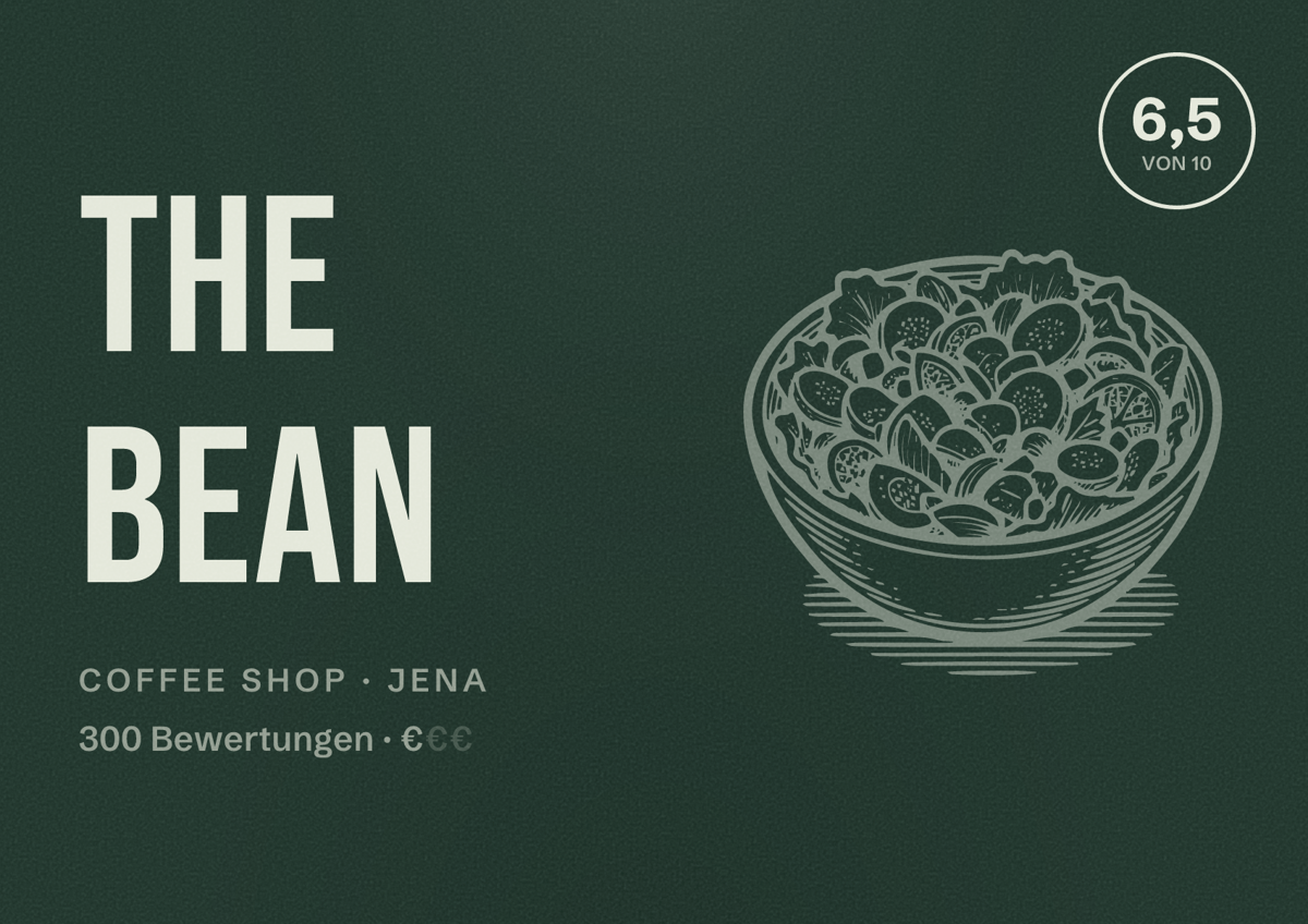 Illustriertes Poster von The Bean, Coffee Shop in Jena: Bewertung 6,5 von 10 aus 300 Bewertungen, Preisniveau €