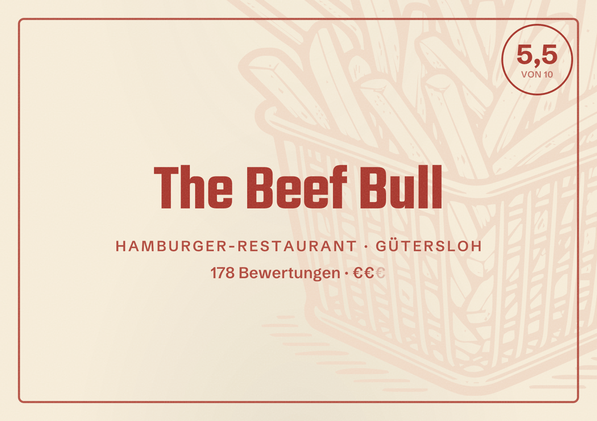 Illustriertes Poster von The Beef Bull, Hamburger-Restaurant in Gütersloh: Bewertung 5,5 von 10 aus 178 Bewertungen, Preisniveau €€