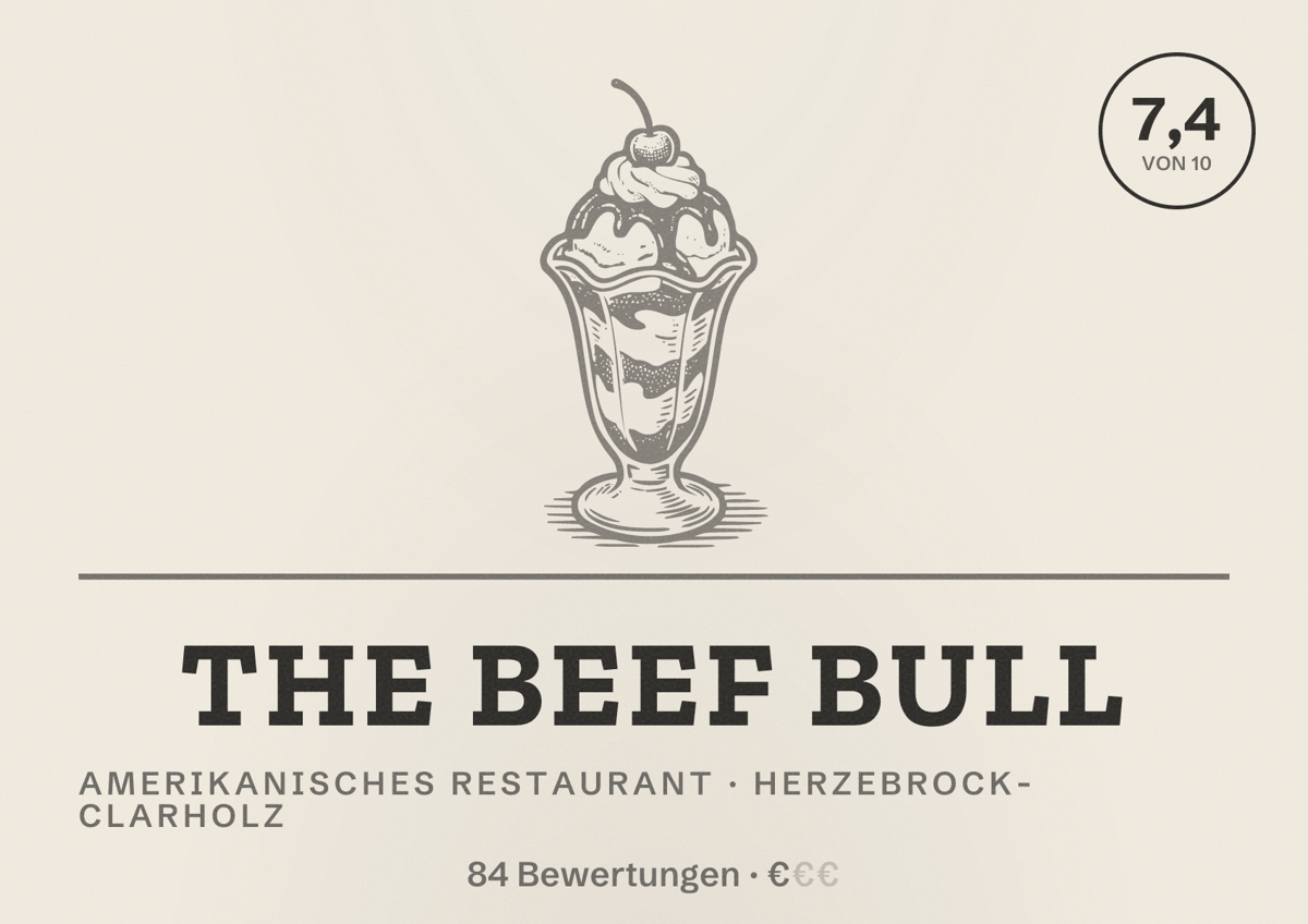 Illustriertes Poster von The Beef Bull, Amerikanisches Restaurant in Herzebrock-Clarholz: Bewertung 7,4 von 10 aus 84 Bewertungen, Preisniveau €