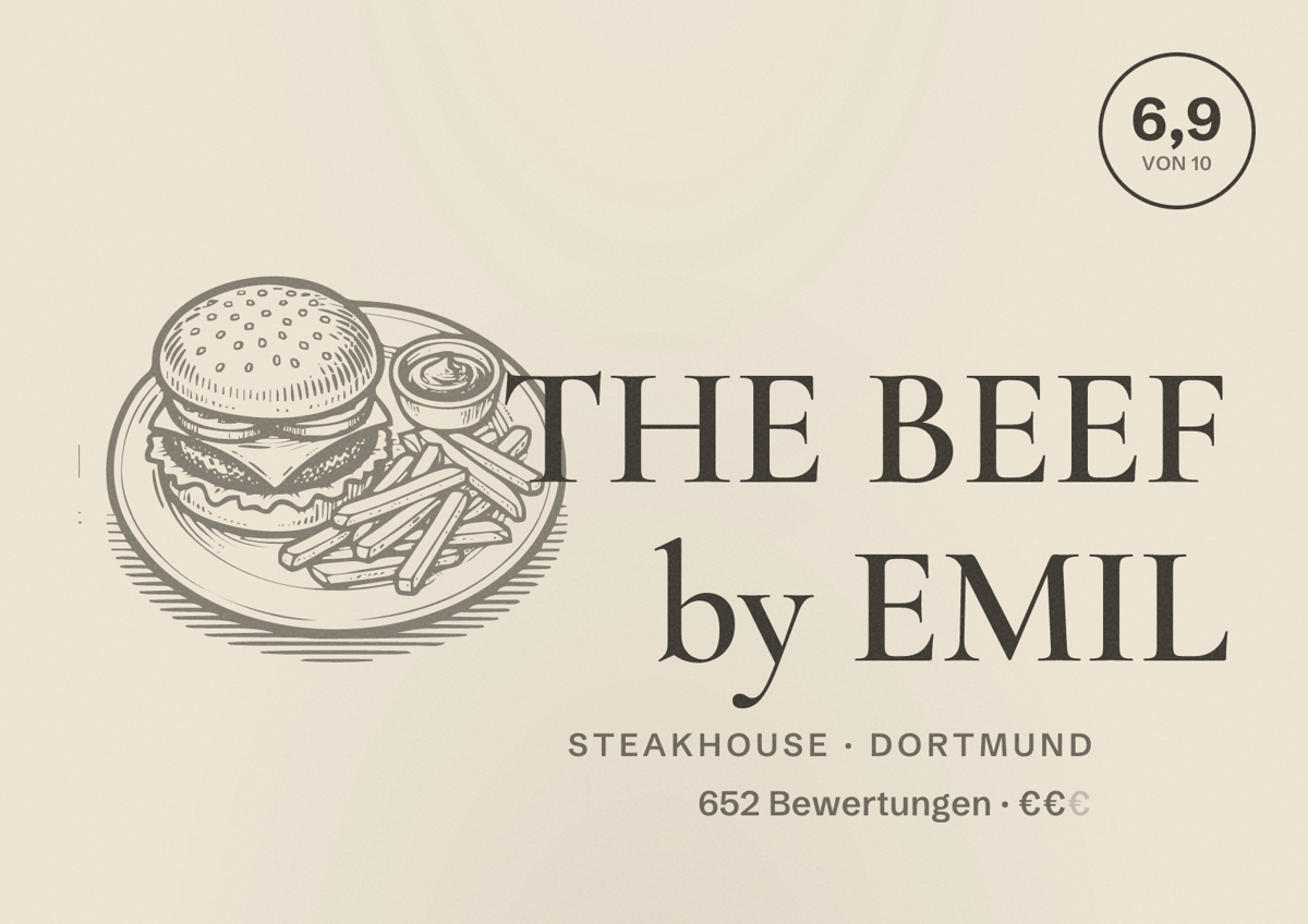 Illustriertes Poster von THE BEEF by EMIL, Steakhouse in Dortmund: Bewertung 6,9 von 10 aus 652 Bewertungen, Preisniveau €€