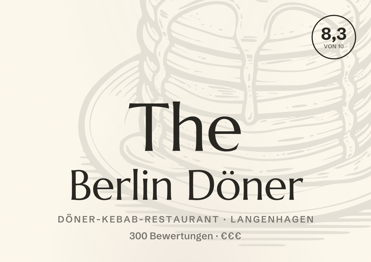Illustriertes Poster von The Berlin Döner, Döner-Kebab-Restaurant in Langenhagen: Bewertung 8,3 von 10 aus 300 Bewertungen, Preisniveau €€€