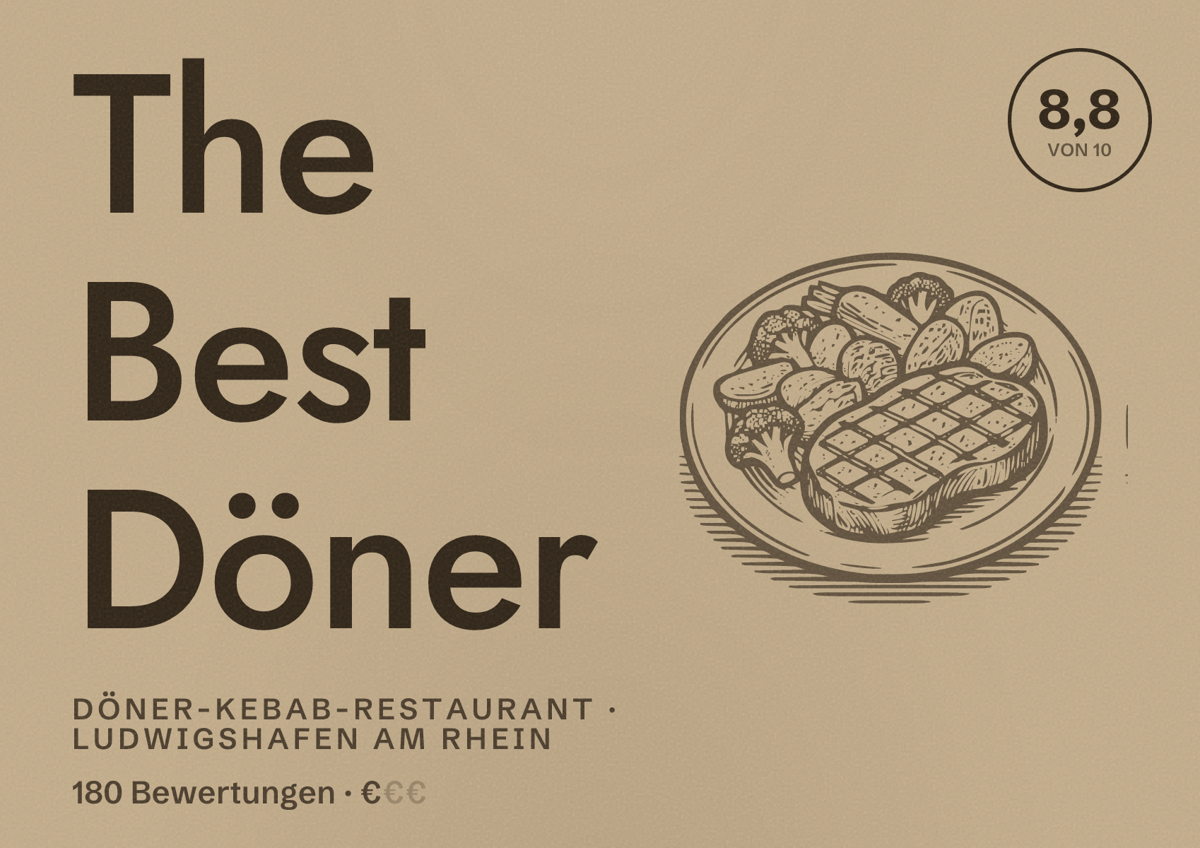 Illustriertes Poster von The Best Döner, Döner-Kebab-Restaurant in Ludwigshafen am Rhein: Bewertung 8,8 von 10 aus 180 Bewertungen, Preisniveau €