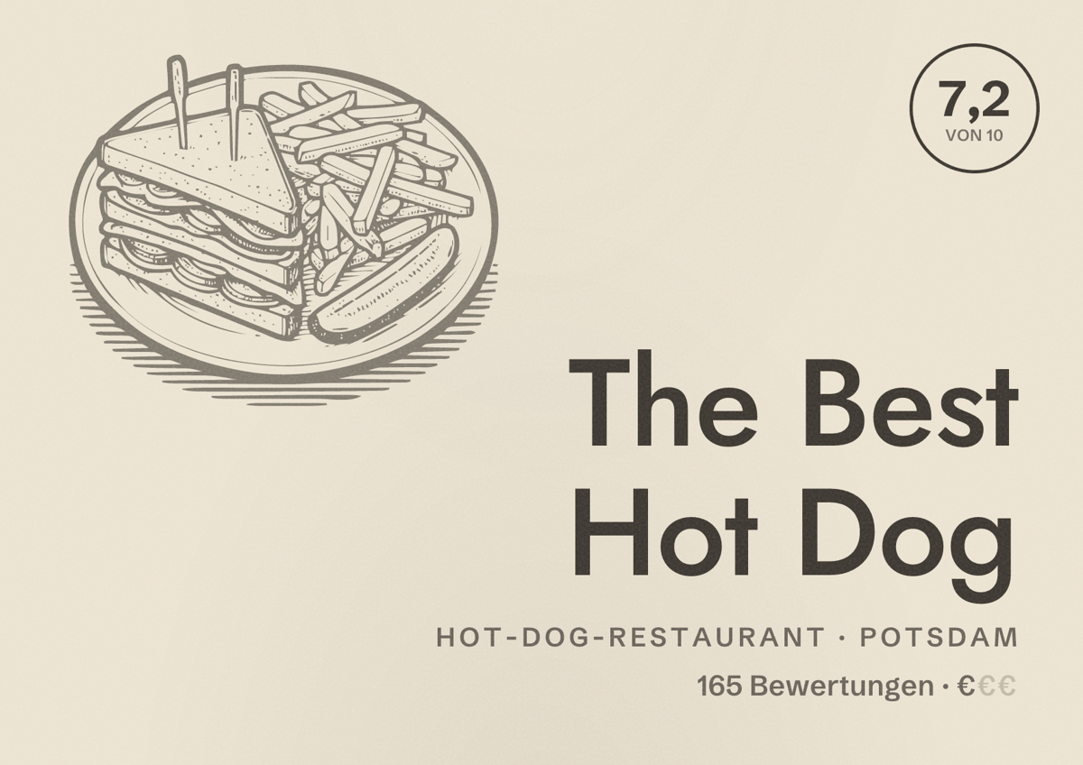 Illustriertes Poster von The Best Hot Dog, Hot-Dog-Restaurant in Potsdam: Bewertung 7,2 von 10 aus 165 Bewertungen, Preisniveau €