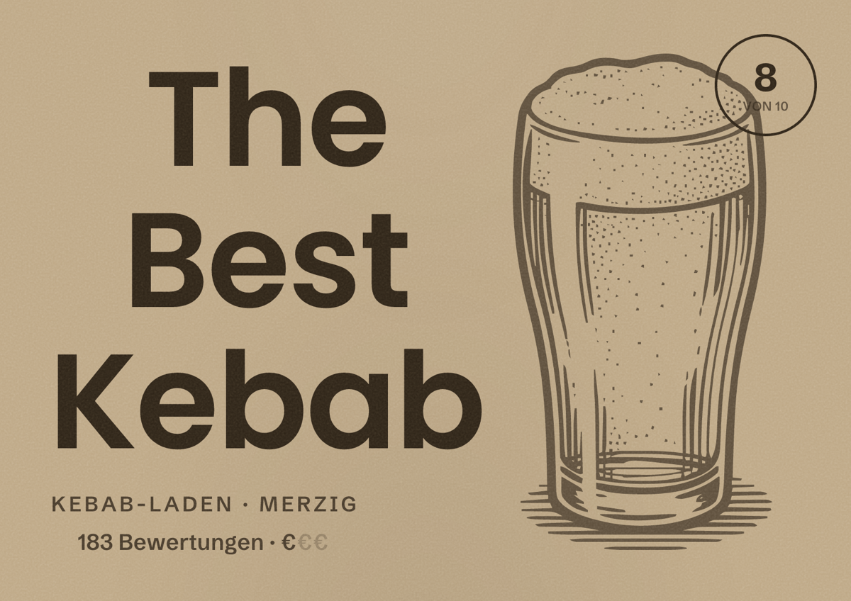 Illustriertes Poster von The Best Kebab, Kebab-Laden in Merzig: Bewertung 8 von 10 aus 183 Bewertungen, Preisniveau €
