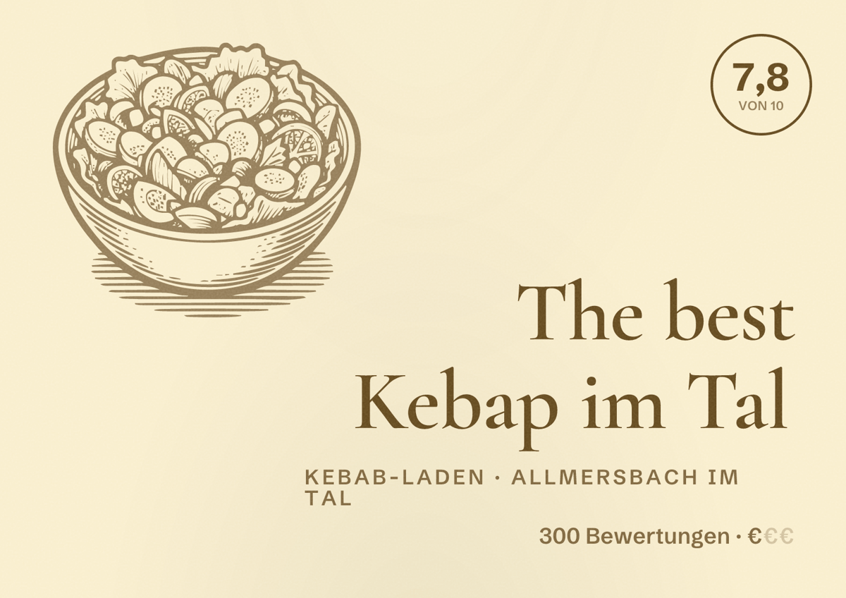 Illustriertes Poster von The best Kebap im Tal, Kebab-Laden in Allmersbach im Tal: Bewertung 7,8 von 10 aus 300 Bewertungen, Preisniveau €