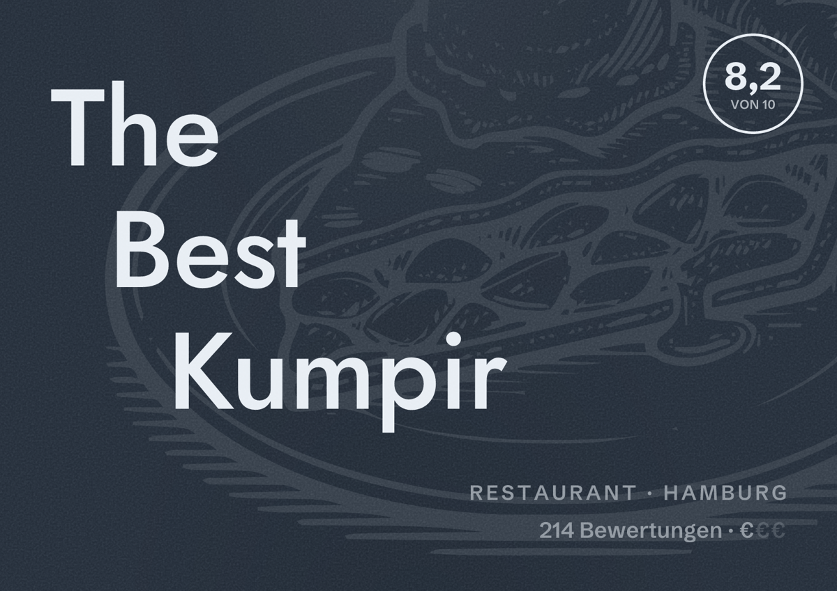 Illustriertes Poster von The Best Kumpir, Restaurant in Hamburg: Bewertung 8,2 von 10 aus 214 Bewertungen, Preisniveau €