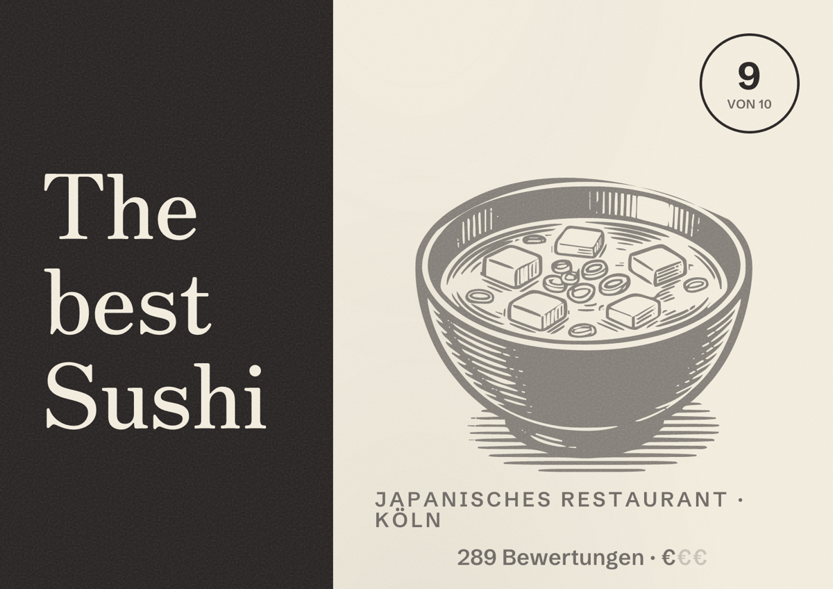 Illustriertes Poster von The best Sushi, Japanisches Restaurant in Köln: Bewertung 9,0 von 10 aus 289 Bewertungen, Preisniveau €