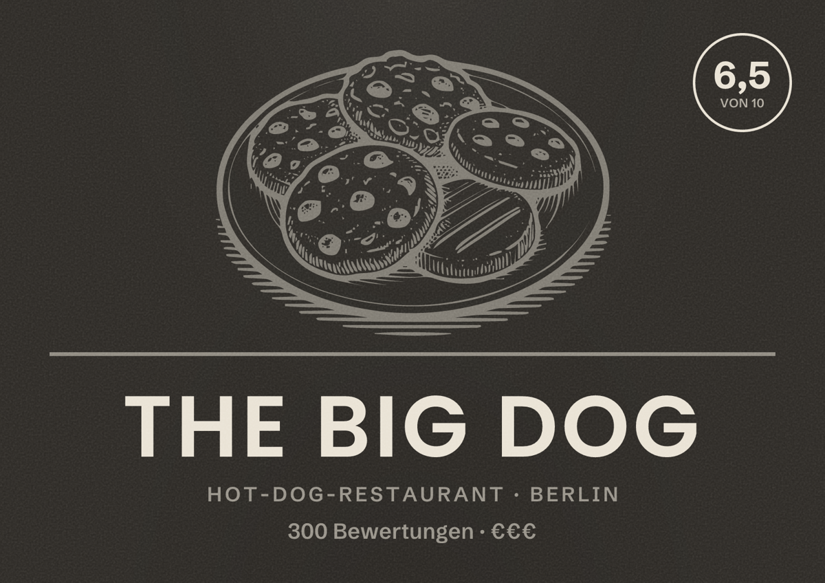 Illustriertes Poster von The Big Dog, Hot-Dog-Restaurant in Berlin: Bewertung 6,5 von 10 aus 300 Bewertungen, Preisniveau €€€