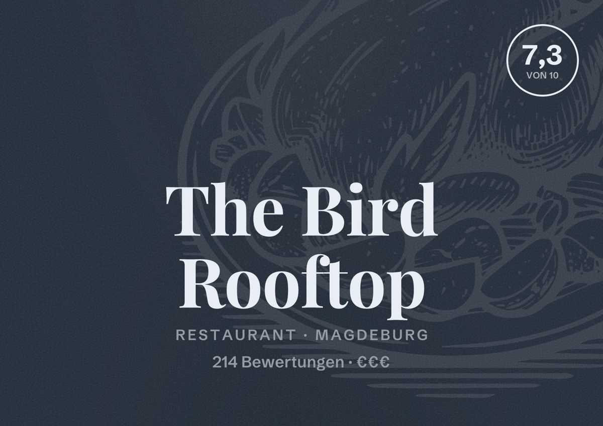 Illustriertes Poster von The Bird Rooftop, Restaurant in Magdeburg: Bewertung 7,3 von 10 aus 214 Bewertungen, Preisniveau €€€