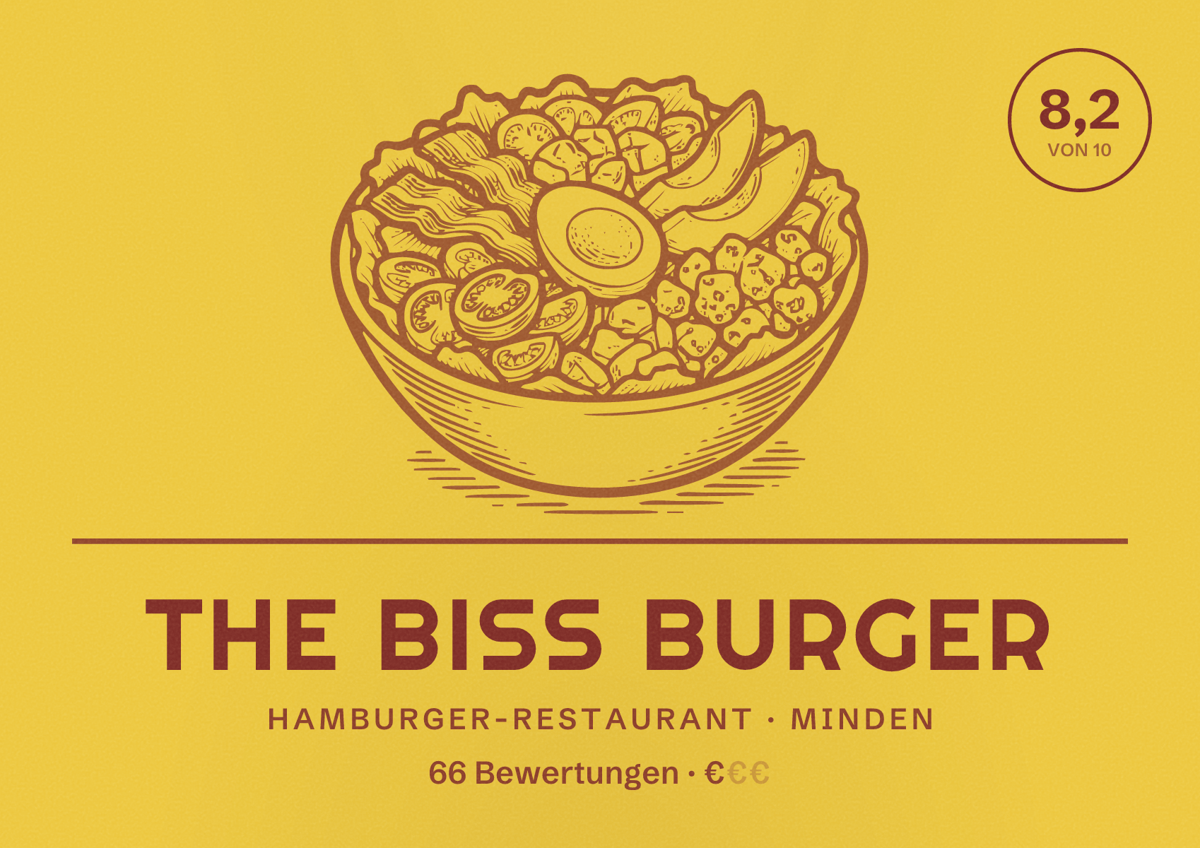 Illustriertes Poster von The Biss Burger, Hamburger-Restaurant in Minden: Bewertung 8,2 von 10 aus 66 Bewertungen, Preisniveau €
