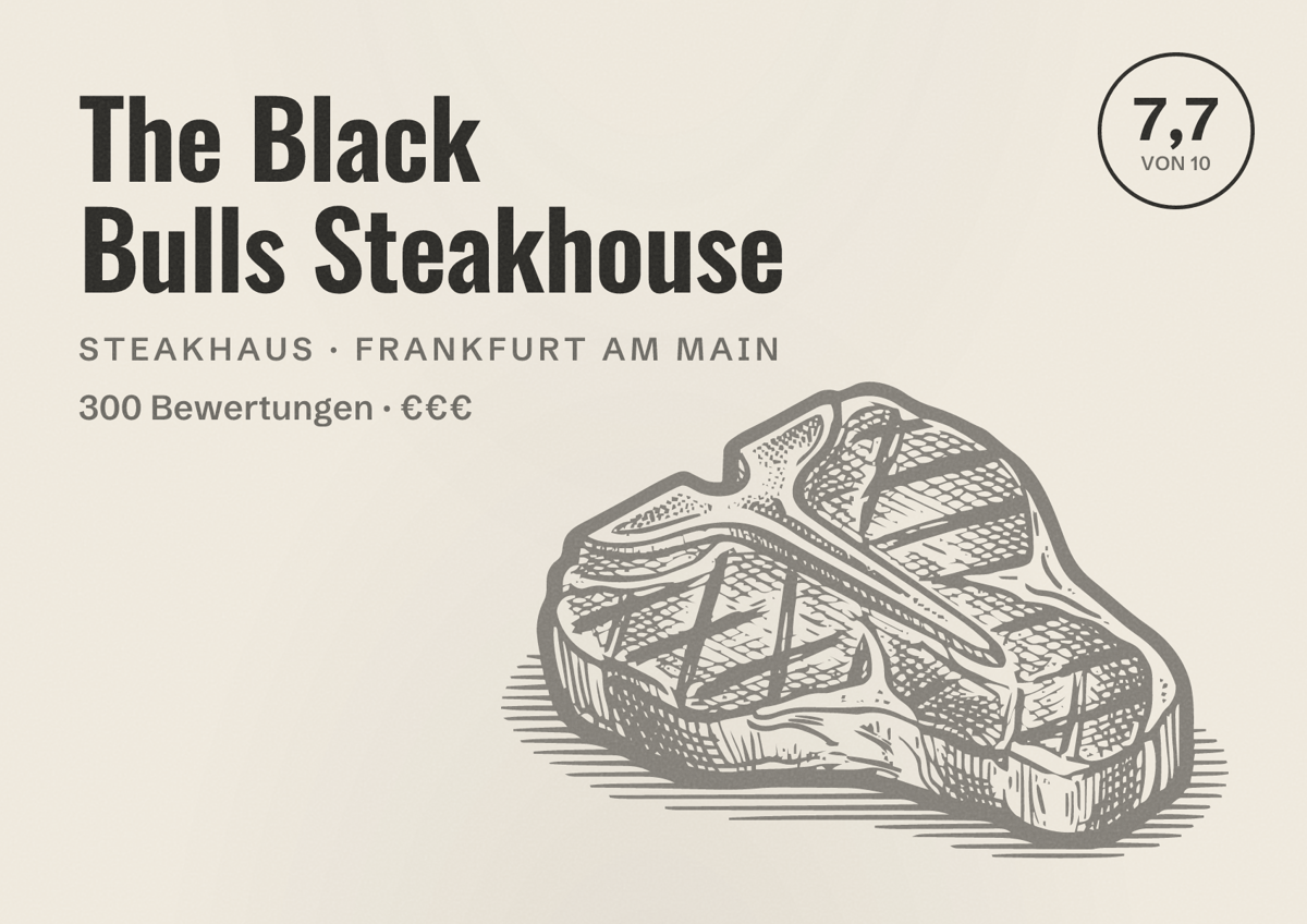 Illustriertes Poster von The Black Bulls Steakhouse, Steakhaus in Frankfurt am Main: Bewertung 7,7 von 10 aus 300 Bewertungen, Preisniveau €€€