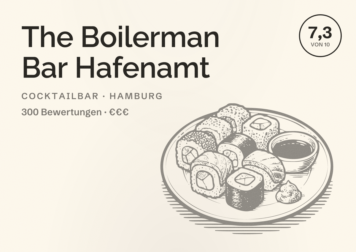 Illustriertes Poster von The Boilerman Bar Hafenamt, Cocktailbar in Hamburg: Bewertung 7,3 von 10 aus 300 Bewertungen, Preisniveau €€€