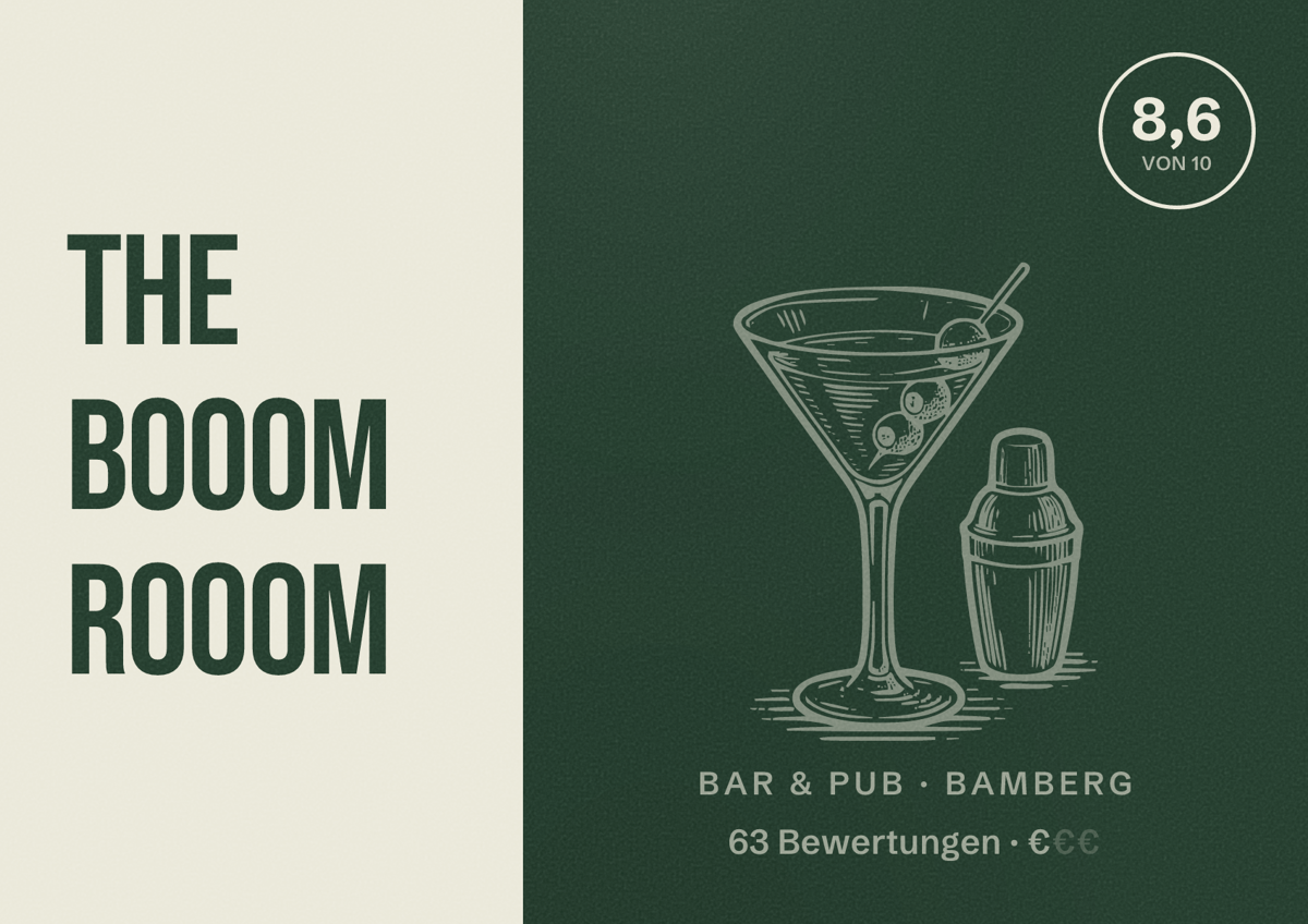 Illustriertes Poster von The Booom Rooom, Bar & Pub in Bamberg: Bewertung 8,6 von 10 aus 63 Bewertungen, Preisniveau €