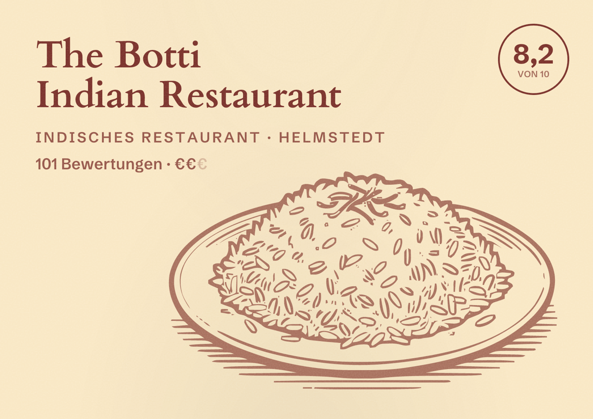 Illustriertes Poster von The Botti Indian Restaurant, Indisches Restaurant in Helmstedt: Bewertung 8,2 von 10 aus 101 Bewertungen, Preisniveau €€