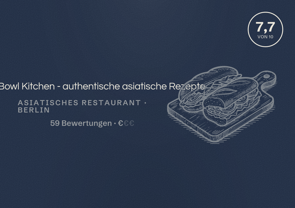 Illustriertes Poster von The Bowl Kitchen - authentische asiatische Rezepte, Asiatisches Restaurant in Berlin: Bewertung 7,7 von 10 aus 59 Bewertungen, Preisniveau €