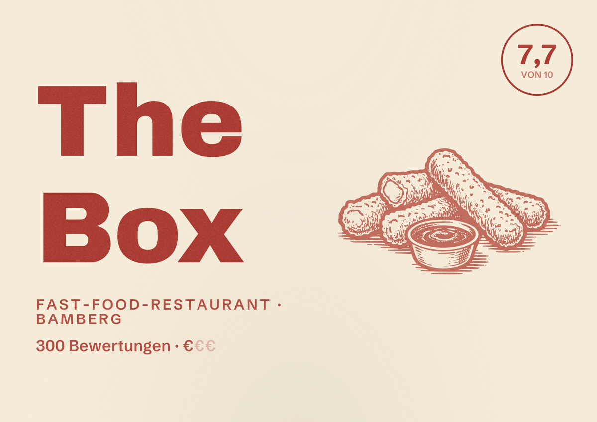 Illustriertes Poster von The Box, Fast-Food-Restaurant in Bamberg: Bewertung 7,7 von 10 aus 300 Bewertungen, Preisniveau €