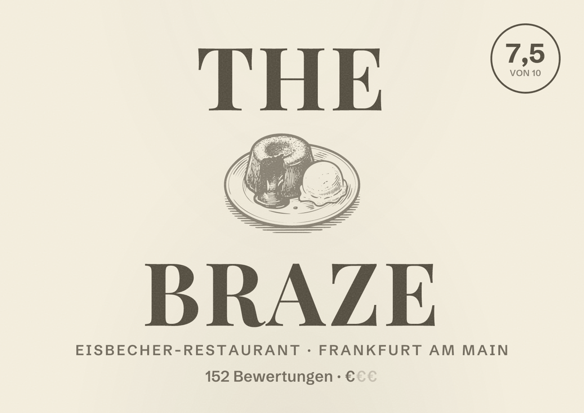 Illustriertes Poster von The Braze, Eisbecher-Restaurant in Frankfurt am Main: Bewertung 7,5 von 10 aus 152 Bewertungen, Preisniveau €