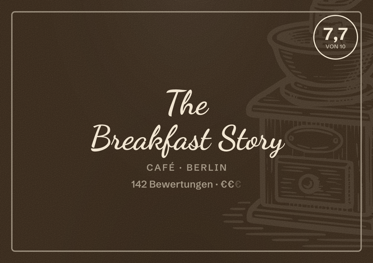 Illustriertes Poster von The Breakfast Story, Café in Berlin: Bewertung 7,7 von 10 aus 142 Bewertungen, Preisniveau €€