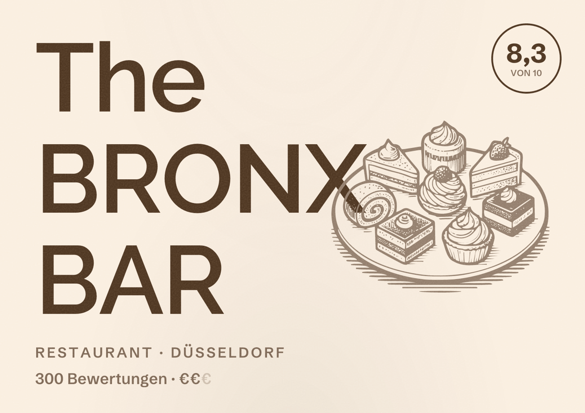 Illustriertes Poster von The BRONX BAR, Restaurant in Düsseldorf: Bewertung 8,3 von 10 aus 300 Bewertungen, Preisniveau €€