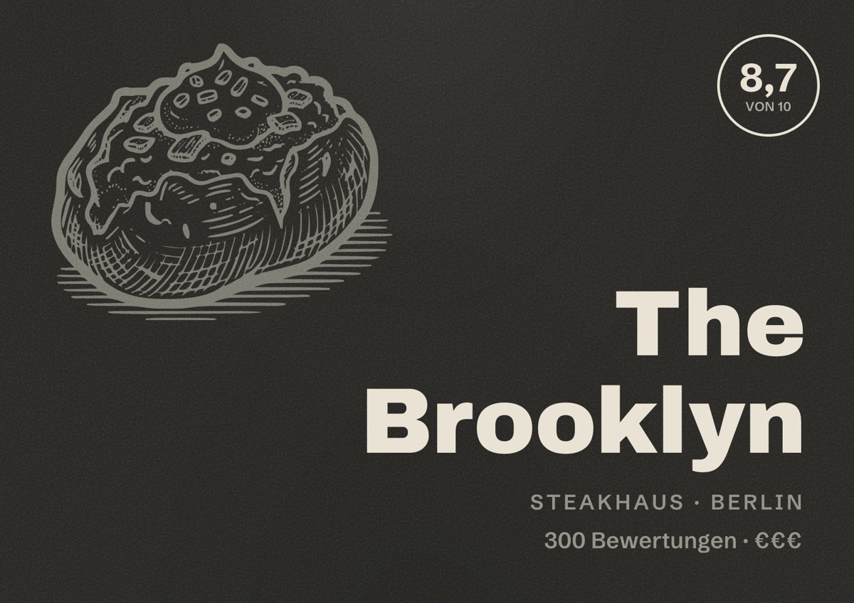 Illustriertes Poster von The Brooklyn, Steakhaus in Berlin: Bewertung 8,7 von 10 aus 300 Bewertungen, Preisniveau €€€