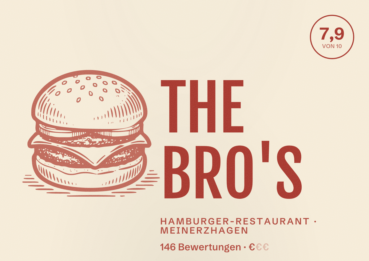 Illustriertes Poster von THE BRO'S, Hamburger-Restaurant in Meinerzhagen: Bewertung 7,9 von 10 aus 146 Bewertungen, Preisniveau €