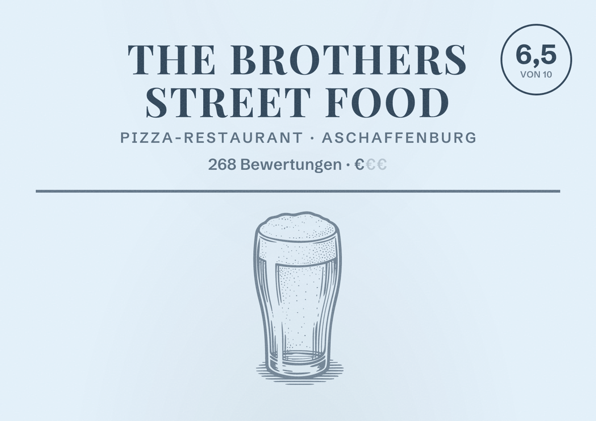 Illustriertes Poster von The Brothers Street Food, Pizza-Restaurant in Aschaffenburg: Bewertung 6,5 von 10 aus 268 Bewertungen, Preisniveau €