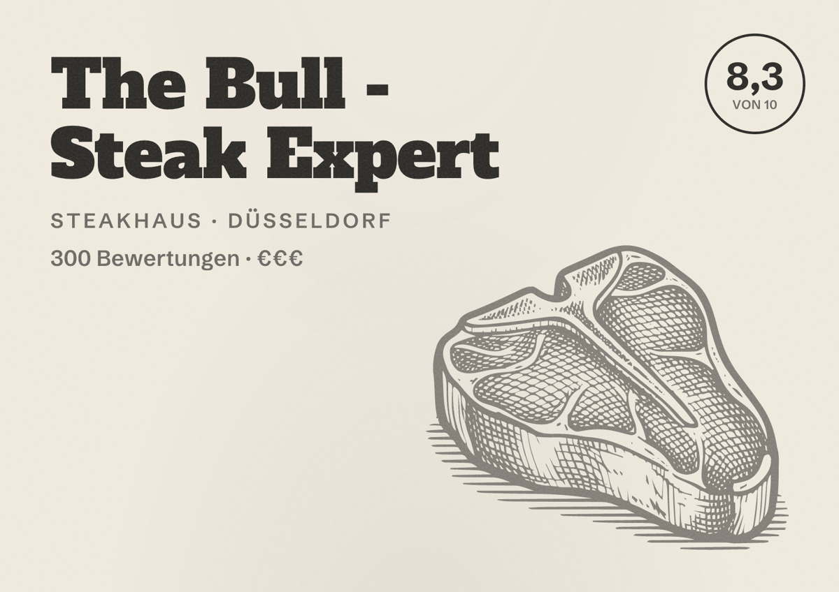 Illustriertes Poster von The Bull - Steak Expert, Steakhaus in Düsseldorf: Bewertung 8,3 von 10 aus 300 Bewertungen, Preisniveau €€€