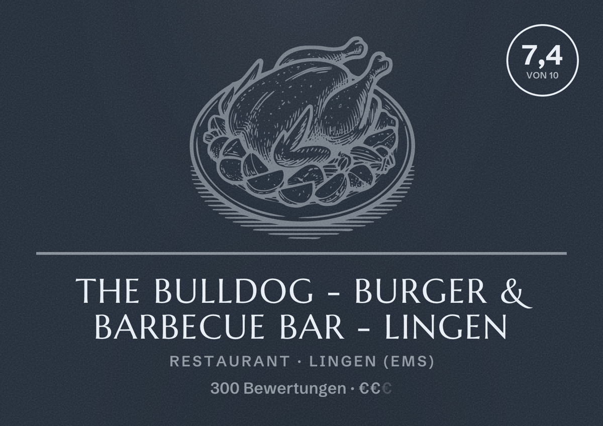 Illustriertes Poster von The Bulldog - Burger & Barbecue Bar - Lingen, Restaurant in Lingen (Ems): Bewertung 7,4 von 10 aus 300 Bewertungen, Preisniveau €€