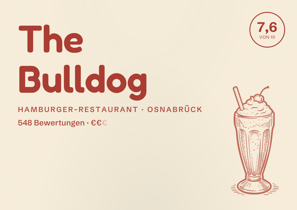 Illustriertes Poster von The Bulldog, Hamburger-Restaurant in Osnabrück: Bewertung 7,6 von 10 aus 548 Bewertungen, Preisniveau €€