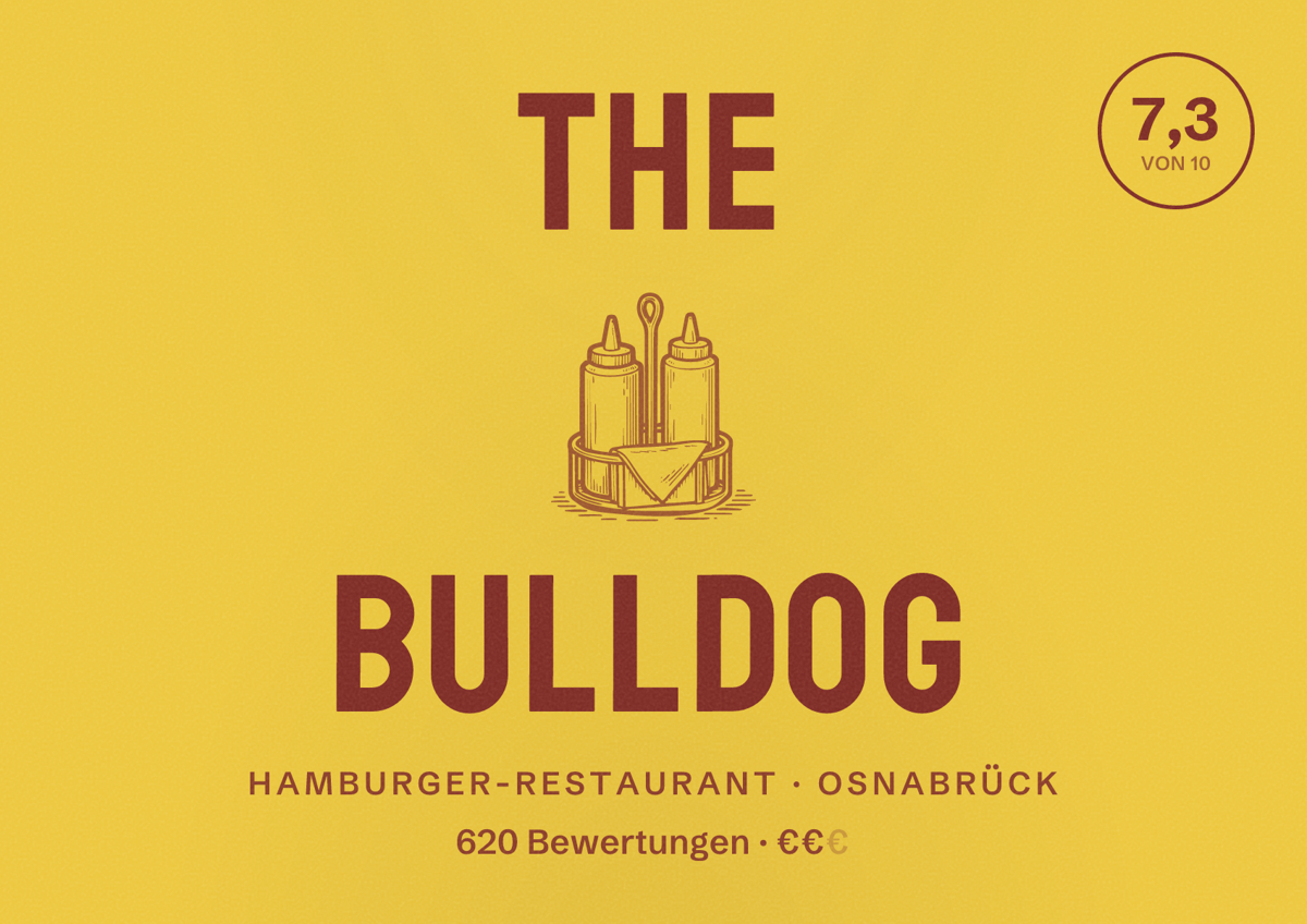 Illustriertes Poster von The Bulldog, Hamburger-Restaurant in Osnabrück: Bewertung 7,3 von 10 aus 620 Bewertungen, Preisniveau €€