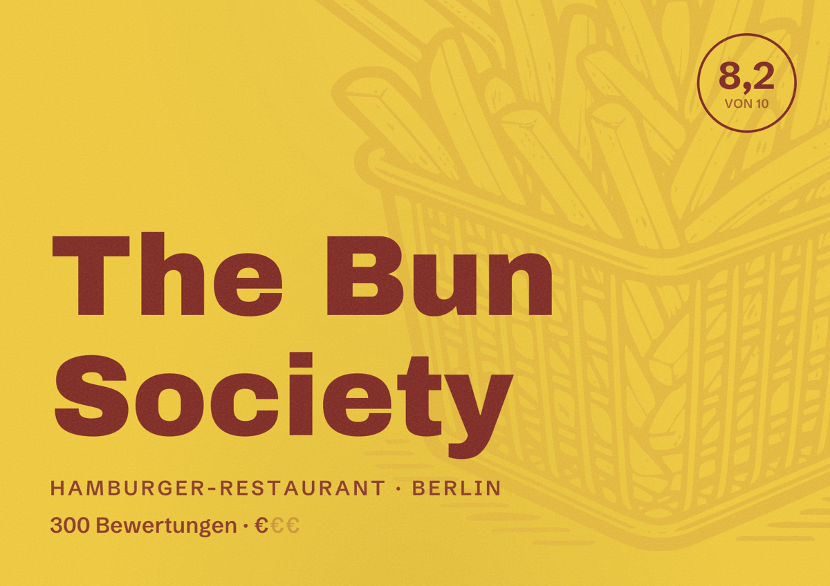 Illustriertes Poster von The Bun Society, Hamburger-Restaurant in Berlin: Bewertung 8,2 von 10 aus 300 Bewertungen, Preisniveau €