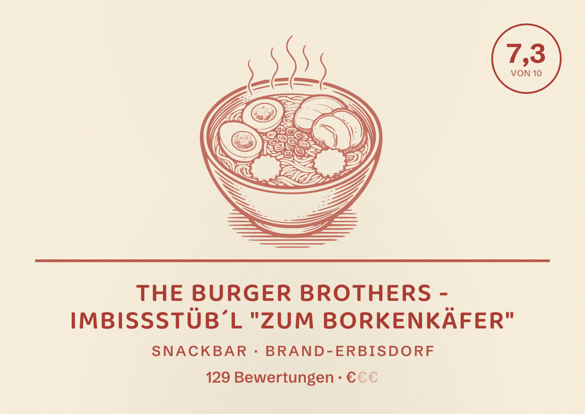 Illustriertes Poster von the Burger Brothers - Imbissstüb´l "Zum Borkenkäfer", Snackbar in Brand-Erbisdorf: Bewertung 7,3 von 10 aus 129 Bewertungen, Preisniveau €