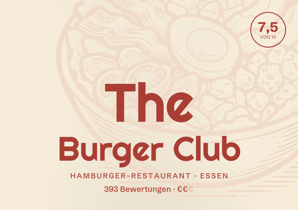 Illustriertes Poster von The Burger Club, Hamburger-Restaurant in Essen: Gästebewertung 7,5 von 10 aus 393 Bewertungen