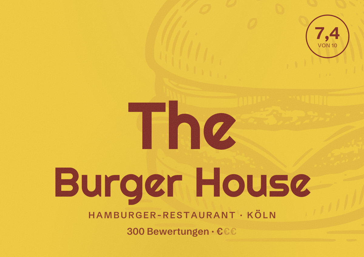 Illustriertes Poster von The Burger House, Hamburger-Restaurant in Köln: Bewertung 7,4 von 10 aus 300 Bewertungen, Preisniveau €