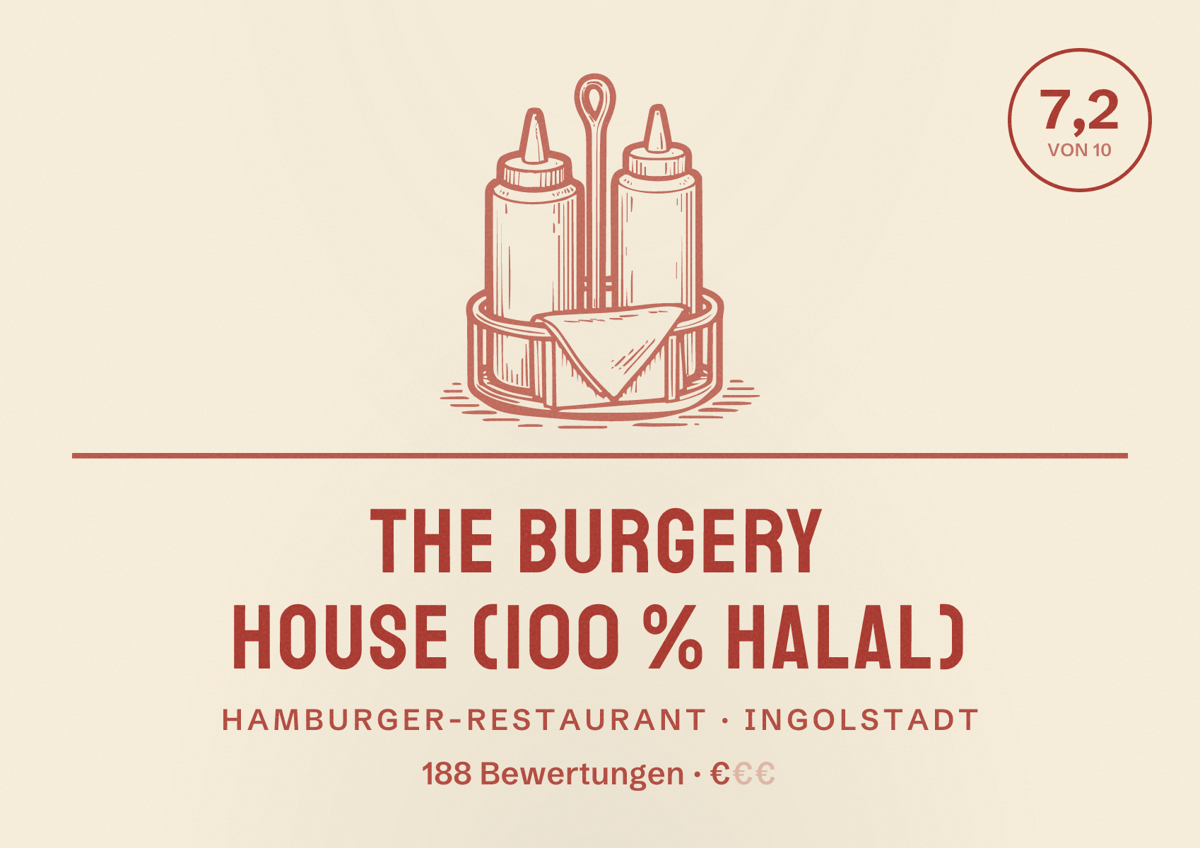 Illustriertes Poster von The Burgery House (100 % Halal), Hamburger-Restaurant in Ingolstadt: Bewertung 7,2 von 10 aus 188 Bewertungen, Preisniveau €