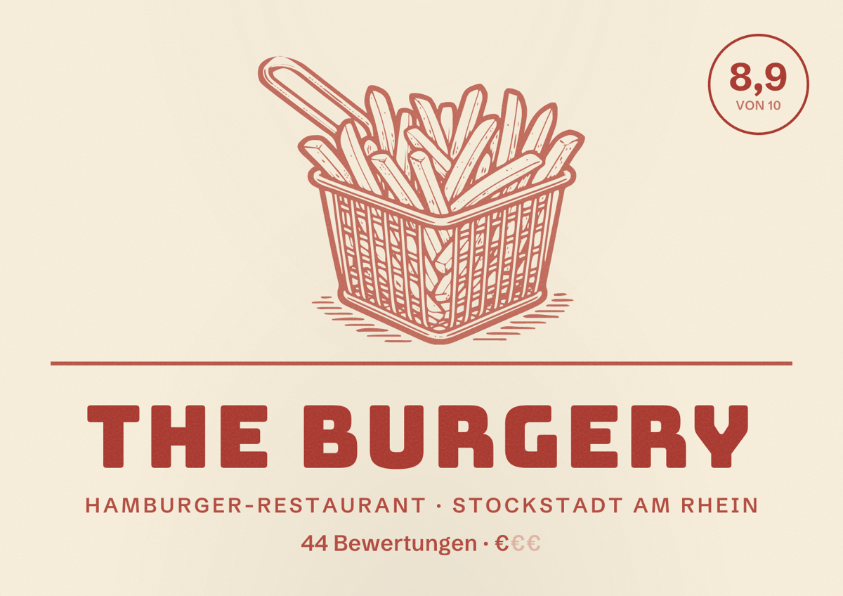 Illustriertes Poster von The Burgery, Hamburger-Restaurant in Stockstadt am Rhein: Bewertung 8,9 von 10 aus 44 Bewertungen, Preisniveau €
