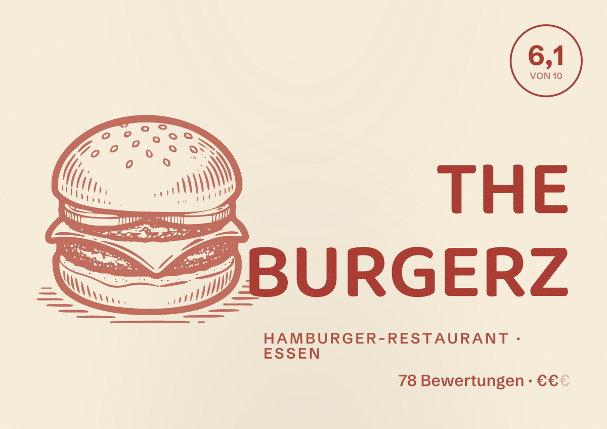 Illustriertes Poster von THE BURGERZ, Hamburger-Restaurant in Essen: Bewertung 6,1 von 10 aus 78 Bewertungen, Preisniveau €€
